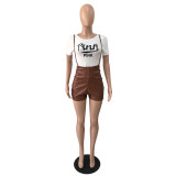 Women Short Sleeve Printed T-Shirt And Stretch Pu Leather Suspender Jumpsuit Two Piece Set