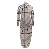 Women Letter Irregular Print Turndown Collar Long Sleeve Maxi Dress