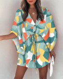 Summer Loose Sleeve V-Neck Casual Holidays Dress with Belt