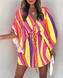 Summer Loose Sleeve V-Neck Casual Holidays Dress with Belt