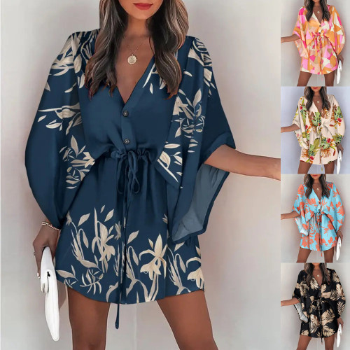 Summer Loose Sleeve V-Neck Casual Holidays Dress with Belt