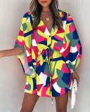 Summer Loose Sleeve V-Neck Casual Holidays Dress with Belt