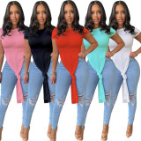 Cute Solid Color Slit T-Shirt Top