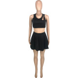 Women's Fashion Casual Sexy Solid Open Waist Cutout Pleated Loose Tank Top Skirt Two Piece
