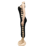 Solid color sexy suspenders hollow zipper long skirt slit dress women