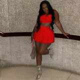 Women's Fashion Casual Sexy Solid Open Waist Cutout Pleated Loose Tank Top Skirt Two Piece