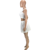 Women's Fashion Casual Sexy Solid Open Waist Cutout Pleated Loose Tank Top Skirt Two Piece
