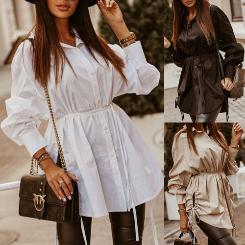 Women Fashion Casual Long Lseeve Midlength Shirt Dress