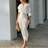 Women Summer Solid Sexy Pleated Shirt Dress