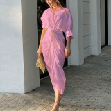 Women Summer Solid Sexy Pleated Shirt Dress