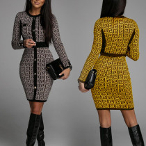 Women Chic Retro Print Long Lseeve Bodycon Dress