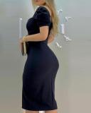 Women Sexy Bubble Sleeves Square Collar With Belt Bodycon Dress