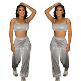 Women's Suits Fashion Sexy Shiny Bright Crop Tank and Loose Pants Two Pieces Set Women's Clothing