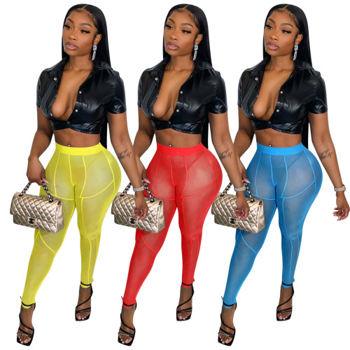 Women Fashion Sexy mesh solid color trousers