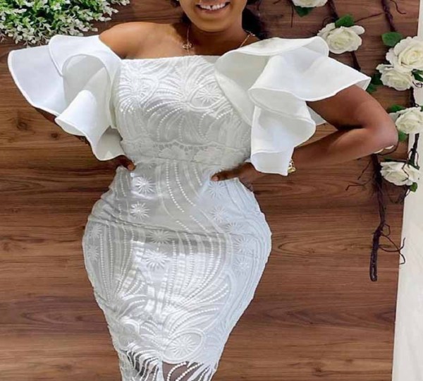 Pullover Midi Dress Chic Career High Waist Lace Slit Solid Off Shoulder White Dress