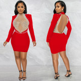 Fashion Sexy Nightclub Beaded Mesh See-Through Bubble Beads Low Back Long Sleeve Mid Skirt Dress Women