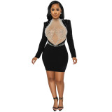 Fashion Sexy Nightclub Beaded Mesh See-Through Bubble Beads Low Back Long Sleeve Mid Skirt Dress Women