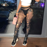 Fashion Women's Spring Sexy Cutout See-Through High Waist Mesh Pants