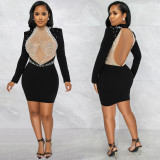 Fashion Sexy Nightclub Beaded Mesh See-Through Bubble Beads Low Back Long Sleeve Mid Skirt Dress Women