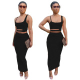 Women's Solid Color Cutout Casual Home Style Skirt Set Two Piece