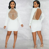 Fashion Sexy Nightclub Beaded Mesh See-Through Bubble Beads Low Back Long Sleeve Mid Skirt Dress Women
