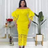 Off Shoulder Off Shoulder Bodycon Lace Patchwork Balloon Sleeve Gown Dress