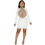 Fashion Sexy Nightclub Beaded Mesh See-Through Bubble Beads Low Back Long Sleeve Mid Skirt Dress Women