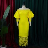 Off Shoulder Off Shoulder Bodycon Lace Patchwork Balloon Sleeve Gown Dress