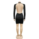 Fashion Sexy Nightclub Beaded Mesh See-Through Bubble Beads Low Back Long Sleeve Mid Skirt Dress Women