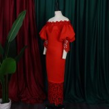 Off Shoulder Off Shoulder Bodycon Lace Patchwork Balloon Sleeve Gown Dress