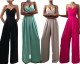 Spring Summer Women Elegant Solid Straps Slim Waist Wide Leg Jumpsuit