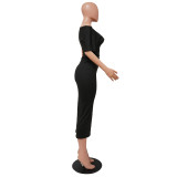 Women's Solid Pleated Slash Shoulder Slim Dress