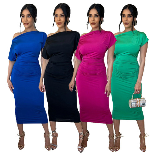 Women's Solid Pleated Slash Shoulder Slim Dress