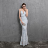 Women Heavy Crafts Colorful Sequins Long Party Evening Dress