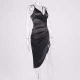 Summer Vacation Beach Party Satin Sexy V Neck Halter High Slit Maxi Dress