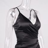 Summer Vacation Beach Party Satin Sexy V Neck Halter High Slit Maxi Dress