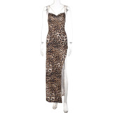 Women Spring Fashion Leopard Print Backless Chain Straps Midi Dress