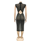 Women Fashion Sexy Mesh See Through Hot Drill Hollow Out Slit Dress