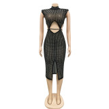 Women Fashion Sexy Mesh See Through Hot Drill Hollow Out Slit Dress