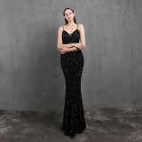 Women Heavy Crafts Colorful Sequins Long Party Evening Dress