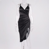 Summer Vacation Beach Party Satin Sexy V Neck Halter High Slit Maxi Dress