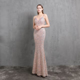 Women Heavy Crafts Colorful Sequins Long Party Evening Dress