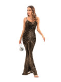 Sexy Low Back Sequin Long Dress Strap Stretch Dress