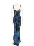 Sexy Low Back Sequin Long Dress Strap Stretch Dress