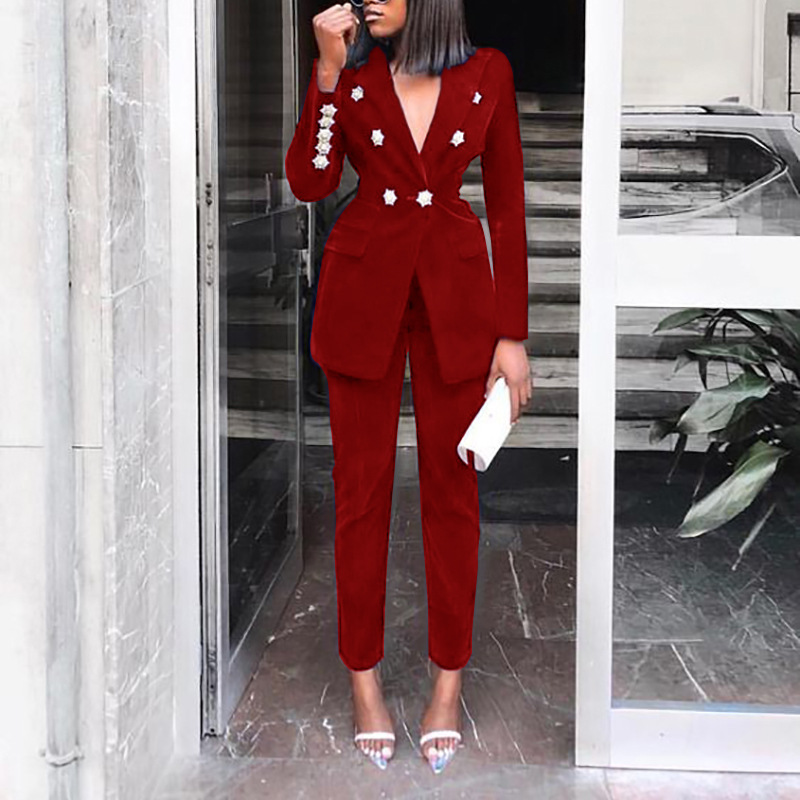 Spring Women Solid Long Sleeve Blazer + Pant Two-Piece Set