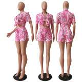 Summer Fashion Print Multicolor Shirt Shorts Casual Set