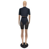 Women Summer Fashion Mesh Solid Top + Shorts Two-Piece Set