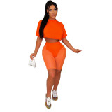 Women Summer Fashion Mesh Solid Top + Shorts Two-Piece Set