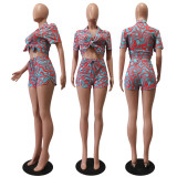 Summer Fashion Print Multicolor Shirt Shorts Casual Set