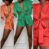 Fashion linen trend solid color sexy Backless Two Piece Shorts Set
